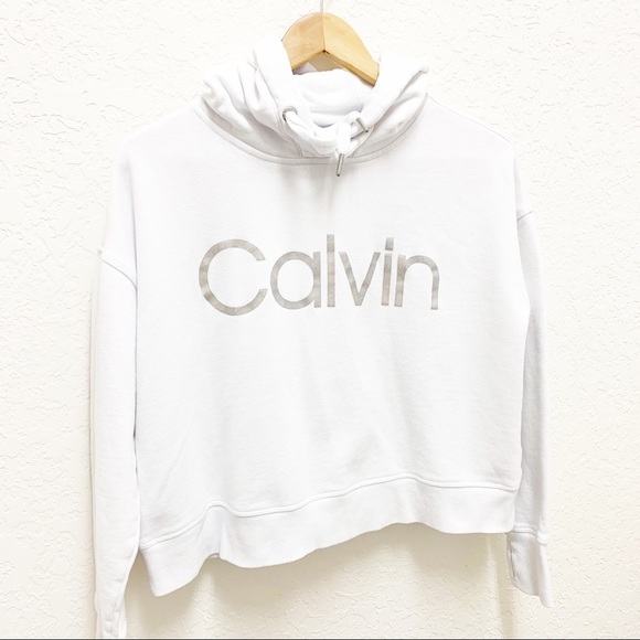 Calvin Klein Cropped White Hoodie Sweatshirt Sz S w/ Thumbholes - Picture 8 of 8